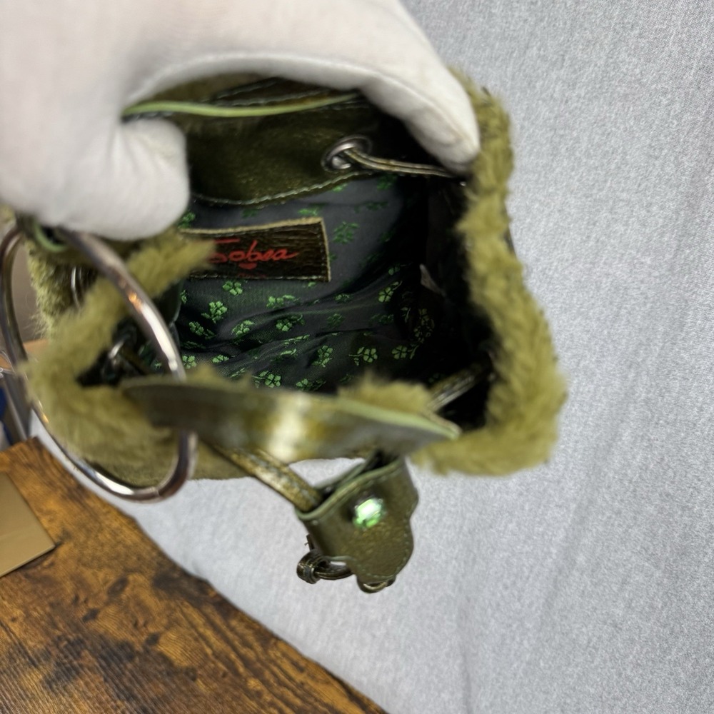 Unique Vintage Sobea leather & Sherpa drawstring mini bag with bracelet strap - Picture 8 of 16